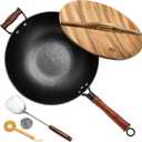 WANGYUANJI 12.6" Cast Iron Wok with Wood Lid, Traditional Uncoated Flat Bottom Chinese Stir Fry Pan with Stainless Steel Spatula, Heavy Duty Hand-Cast Wok for Induction, Gas & Glass Top Stoves (4 Qt) (12.59 inch, Black)