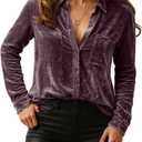Womens Velvet Tops Casual Vintage Long Sleeve Lapel Neck Button Down Shirts Trendy Clothes 2025 (X-Large, Purple Gray)