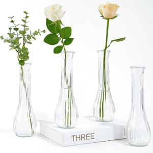 VIVIRENOIR Glass Tall Bud Vases for Centerpieces, Ribbed Flower Vase in Bulk Set of 4, Modern 8" Slim Floral VaseS for Wedding Party Dining Table Decor
