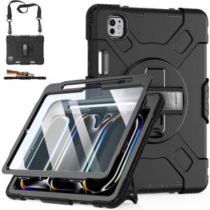 Case for iPad Pro 11 M5 2025/ M4 2024: Protective Cover for iPad Pro 11 Inch 5th Generation with Screen Protector- Stand- Handle- Shoulder Strap- Pencil Holder- Black+Black