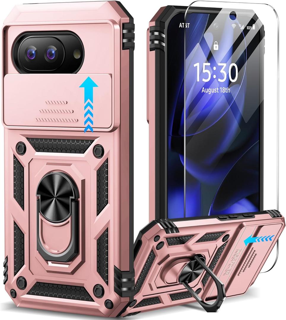 Taisairu for Google Pixel 9A Case with Screen Protector & Slide Camera Lens Cover, Built-in 360Rotate Magnetic Ring Stand Shockproof Protective Phone Case for Google Pixel 9A Case (Rose Gold)