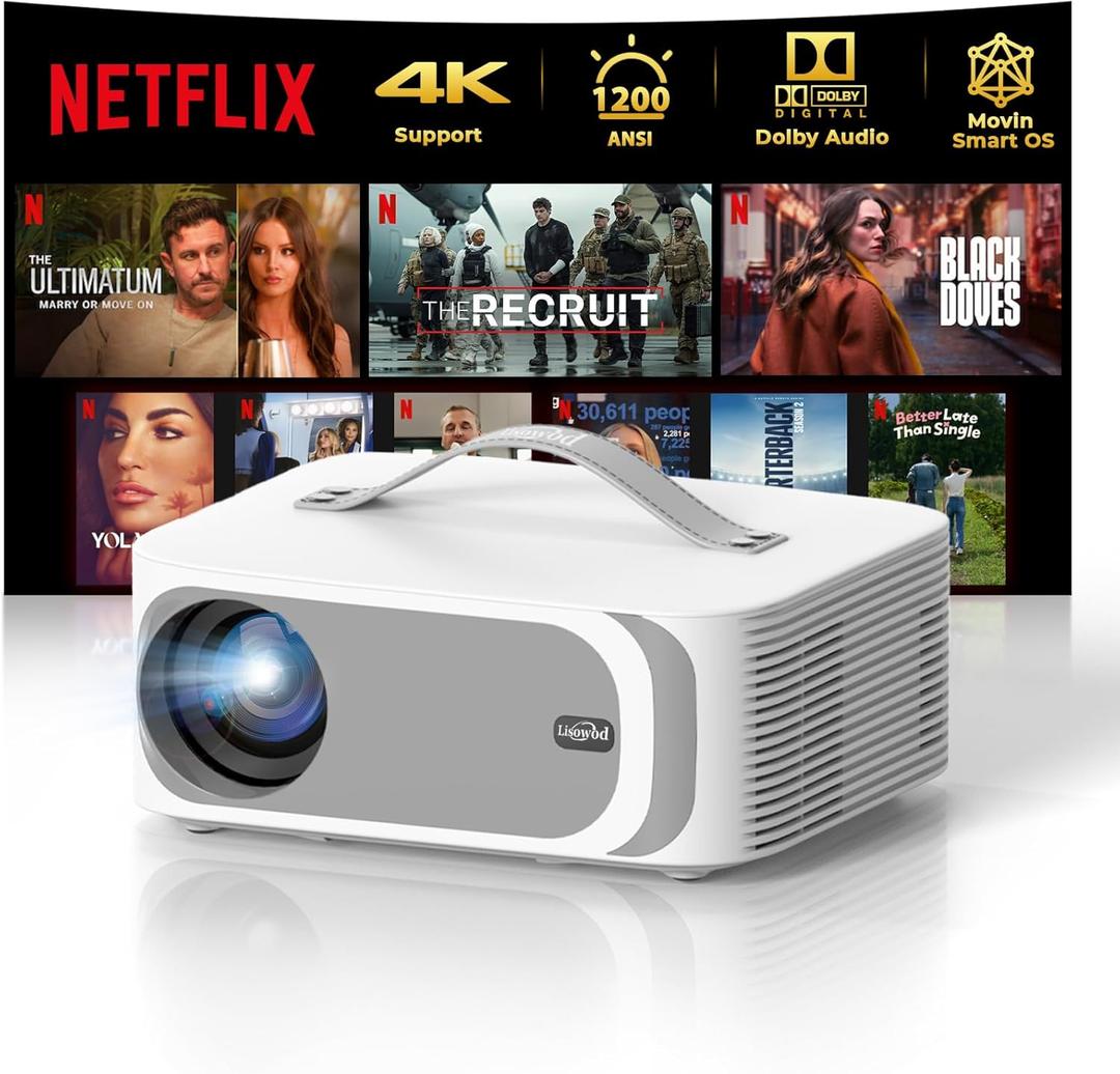 [AI Movin 2.0 System/1200 ANSI/Auto Focus] Projector-4K with WiFi 6 and Bluetooth, 30W DoIby Audio APPS Built-in Outdoor-Projector, Lisowod 1080P Smart Portable Proyector with HDR10+ 2025 Upgraded (White)