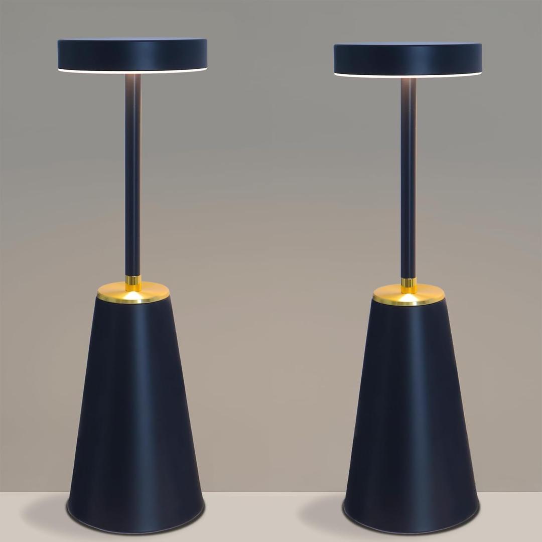 2 Pack Cordless Rechargeable Table Lamps - Modern Sleek Design w/ 3 Color Stepless Dimming  Cordless Bedside Lamp with Touch Switch- LED Table Lamps for Bedroom, Desk, Patio, & Restaurant (Black)