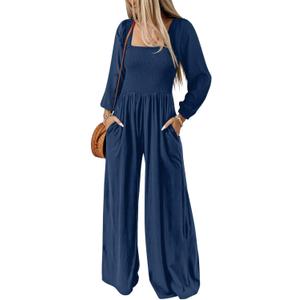 Happy Sailed Womens Jumpsuits Dressy Casual High Waisted Pockets Long Sleeve Rompers Beach Fashion Vacation Outfits for Women (X-Large, Blue)