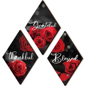 Lewtemi 3 Pcs Thankful Grateful Blessed Wooden Signs Rose Wooden Wall Decor Farmhouse Kitchen Art Decor Inspirational Wall Art Signs for Room Front Door Home,11"x7"(Red Rose)