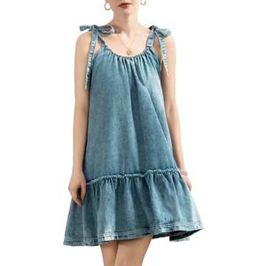 Vidifid Women Denim Cami Dress Tie Shoulder Ruffle Hem Short Dresses Babydoll Wash Jean Sundress with Pocket L