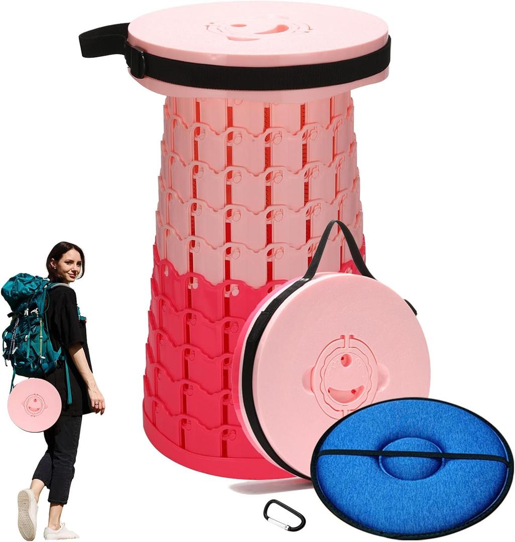 2025 Upgraded XXL Collapsible Stool with Cushion, 1000 lbs Capacity & 19.7-in High, Wider & Taller Heavy Duty Portable Telescoping Foldable Seat for Adults Camping, Travel, Music Festivals, Outdoors (Pink)