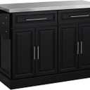 HOMCOM Rolling Kitchen Island Cart with 47" Stainless Steel Top, Portable Island Table for Kitchen with Wheels, Adjustable Shelves, 2 Drawers, Spice, Knife and Towel Rack, Black