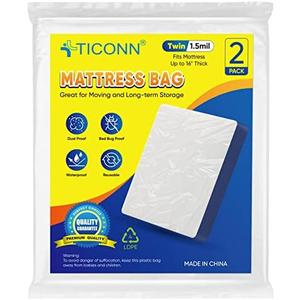 TICONN 2PK Plastic Mattress Bag for Moving Storage, Waterproof Mattress Protector Cover, Heavy-Duty Mattress Moving Supplies (1.5 mil, Twin)