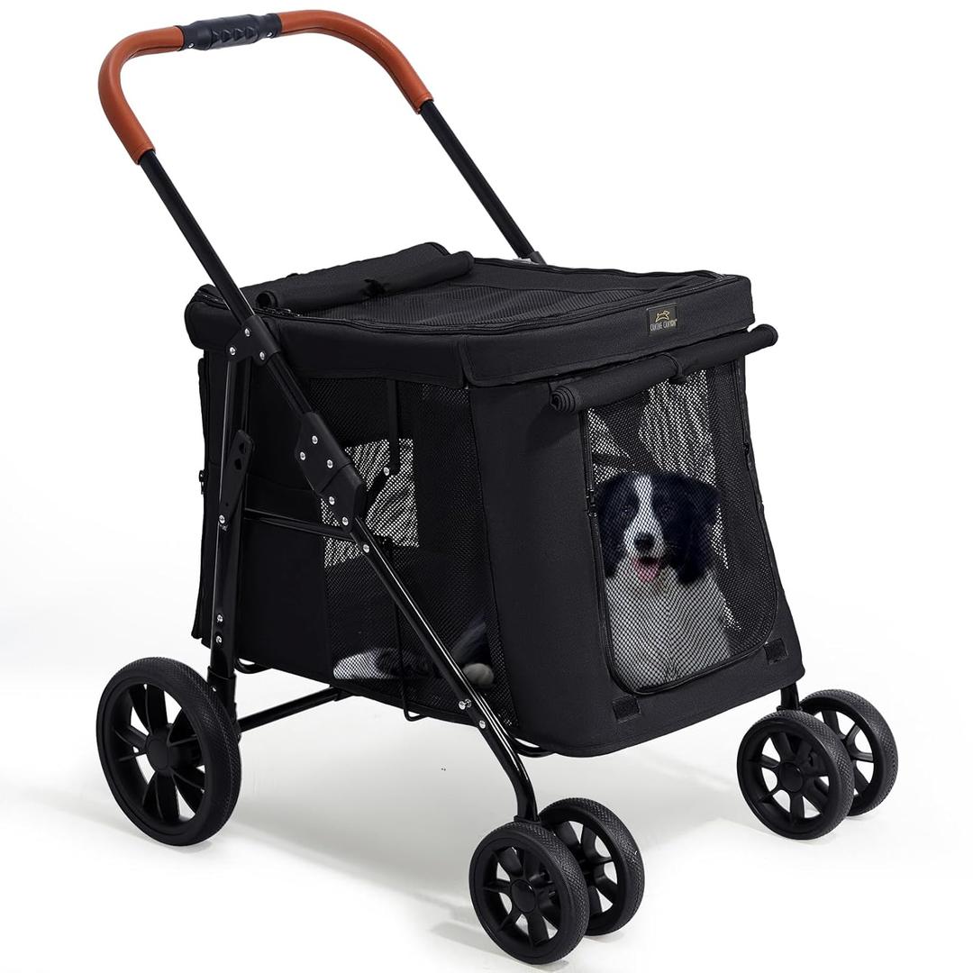 Scout Pet Stroller, 4-Wheel Design for Small/Medium Dogs - One-Button Fold, Adjustable Mesh Windows & Shades, 360 Swivel Front Wheels, Rear Wheel Brake for Safety, Black