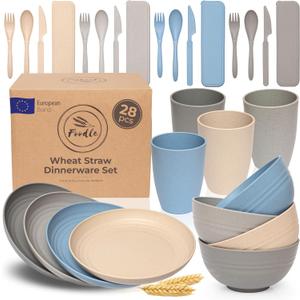 FOODLE Wheat Straw Dinnerware Set - BPA Free & Safety Tested - Microwave & Dishwasher Safe - Perfect for Picnic, Dorm, RV Dishes - Camping Plates Cups and Bowls Set - Great for Kids & Adults - For 4