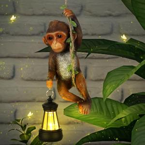 Rossesay Solar Light Outdoor Monkey Statues Brown 7.48 Inch Resin Chimpanzee Baby Monkey Climbing on Vine with LED Lantern Waterproof Hanging Figurine with Hook for Yard Garden Wall