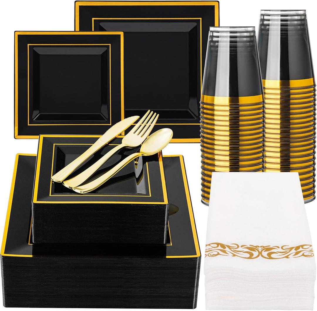 N9R 50 Guest Black and Gold Dinnerware Set, Black Square Plastic Plates with Gold Rim, 50 forks, 50 Spoons, 50 Knives, 50 Cups, 50 Napkins-Disposable Dinnerware Set for Wedding
