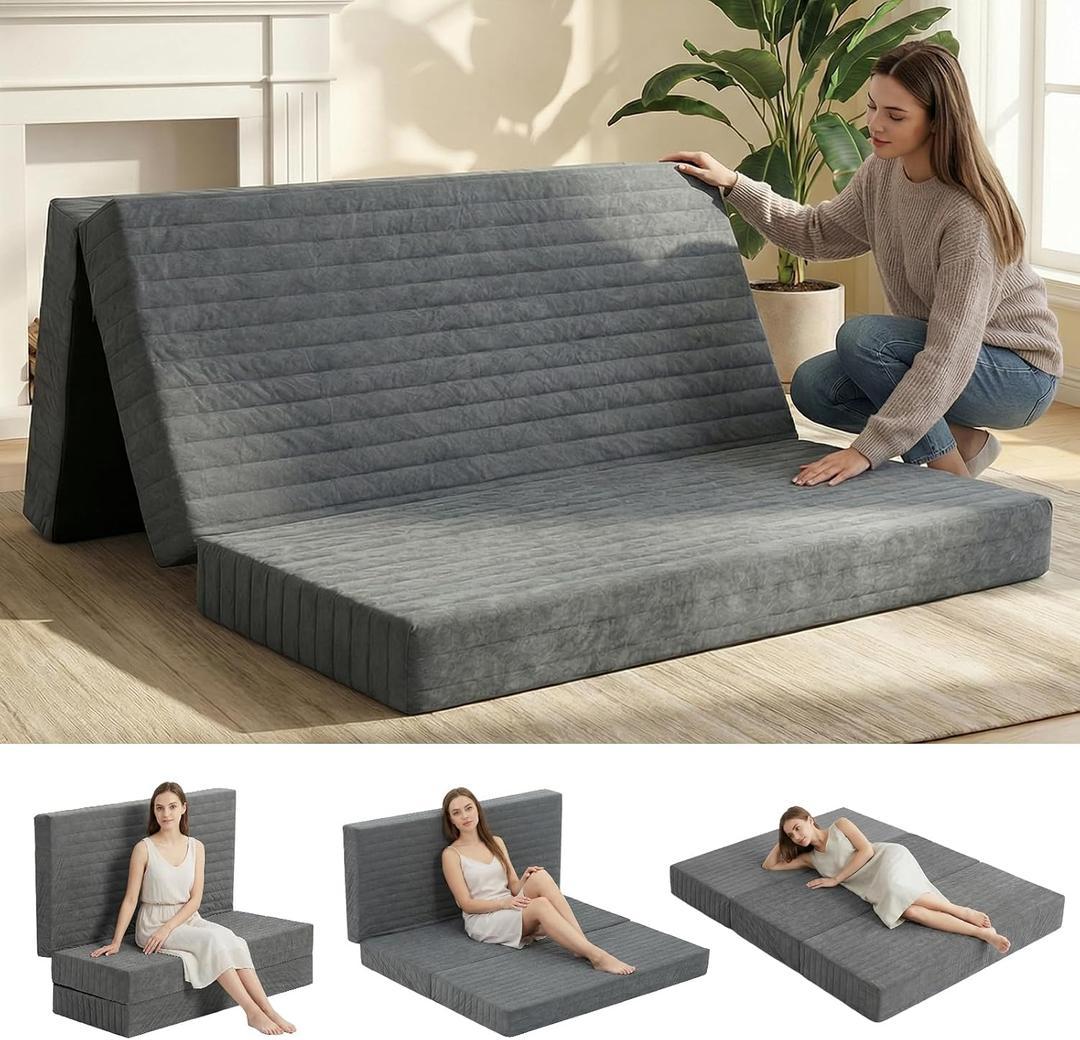 Erament 6-Inch Tri-Fold Mattress Full Size, Covertible Bed Floor Futon Mattress with Handles & Non-Slip Bottom, Foldable Mattress with Removable Tufted for Guest, Camping, Dorm