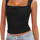 Darong Women's Padded Ruched Tank Tops Built in Bra Summer Double Lined Sleeveless Going Out Crop Tops Shirts (Black, M)