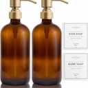 Vine Creations Amber Glass Soap Dispenser, 2 Pack Kitchen Soap Dispenser Set with Stainless Steel Pump, 16 oz Dish Soap and Hand Soap Dispensers for Bathroom with Waterproof Labels (Amber Bottle / Brushed Brass Pump)