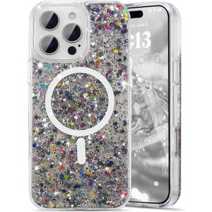 UEEBAI Glitter Case Magnetic for iPhone 14 Pro Max Case, Luxury Shiny Bling Sparkly Phone Cover Compatible with MagSafe, Wireless Charge Crystal Diamonds Shiny Cover for Women - Black