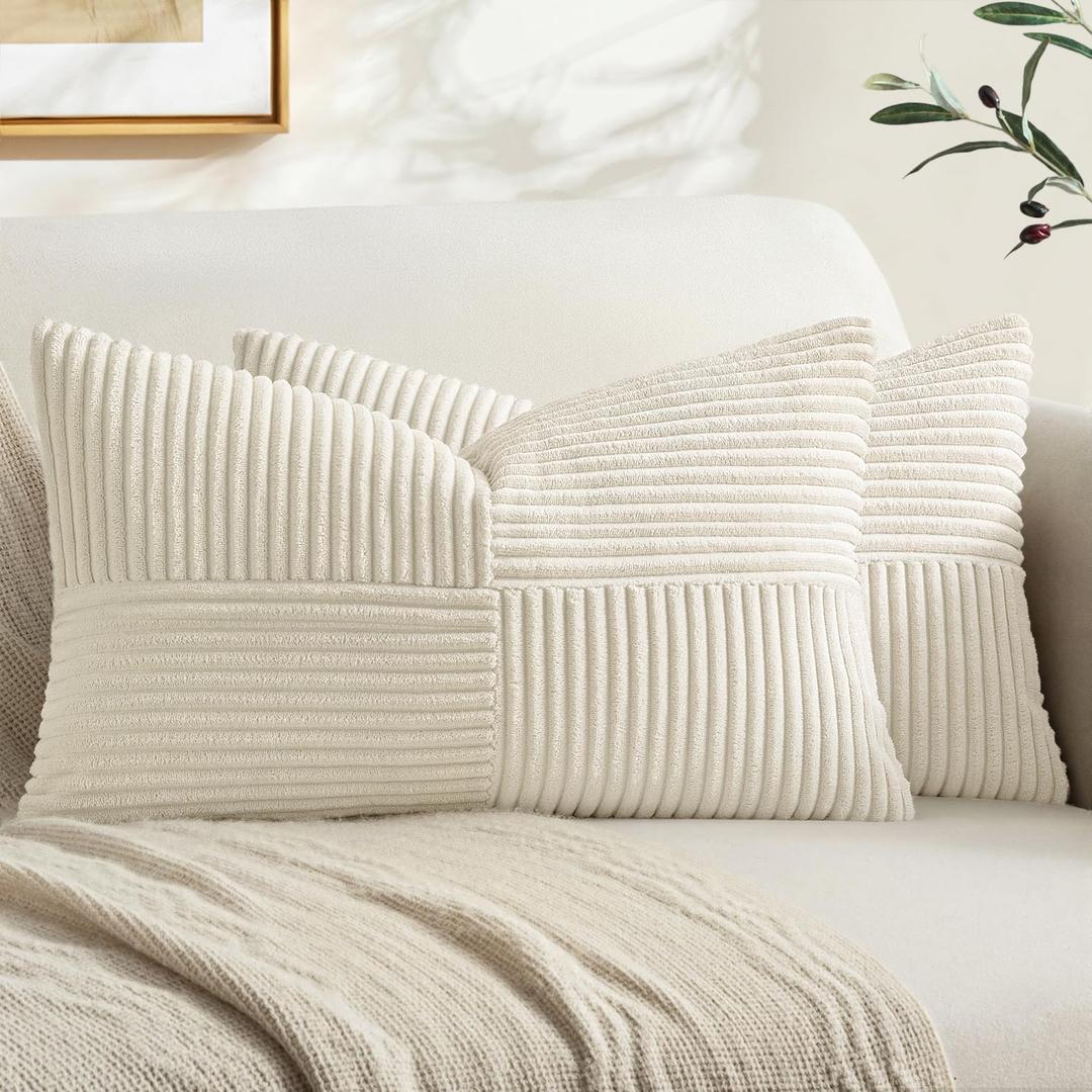 MIULEE Cream White Decorative Lumbar Throw Pillow Covers 26"L x 20" 3 Pack | Beige Neutral Boho Farmhouse Pillow Covers, Soft Cross Corduroy Patchwork Textured Cushion Cases For Couch Sofa Bed