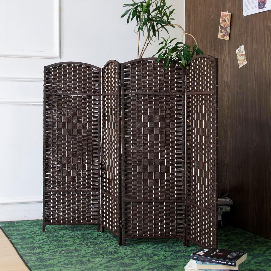 Furnnylane 4 Panel Dark Brown Rattan Room Divider, 47.2" Low Height Double-Sided Folding Privacy Screen, Freestanding Partition Wall for Home Office or Bedroom - Keeps Your Space Open & Airy