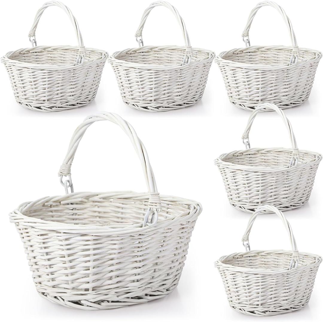 Barydat 6 Pcs Small Wicker Picnic Basket with Handle Flower Girl Baskets Oval Willow Woven Braided Gift Basket for Weddings Baby Shower Summer Home Garden Decor(9" X 7" X 4",White)