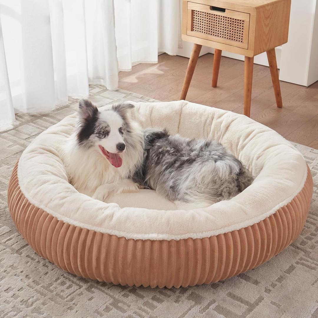 45 inches Donut Dog Bed for Extra Large Dogs,Calming Round Jumbo Pet Bed with Removable Cover, Washable Milk Plush Faux Fur, Fits Pets up to 100 lbs(Brown,XL)