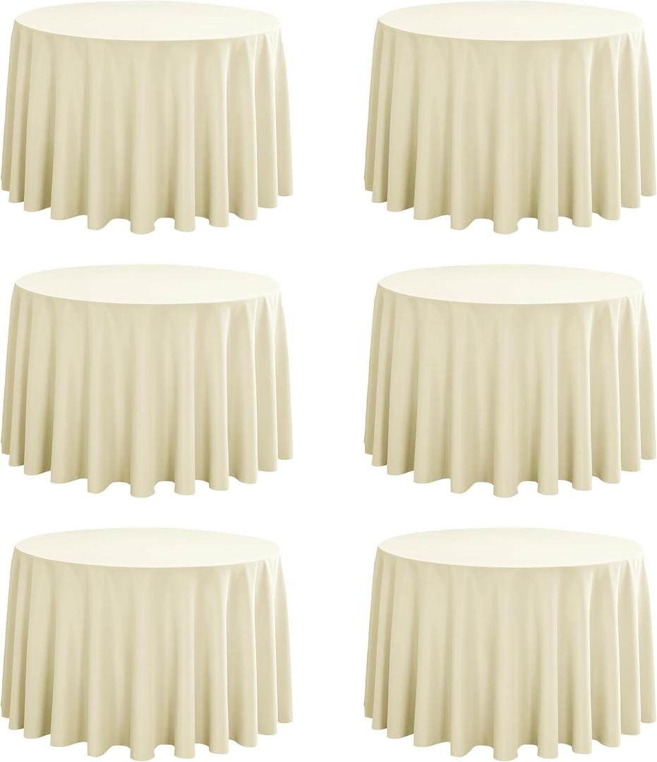 6-Pack Round 90-inch Beige Table Cloths, Solid Stain and Wrinkle Resistant Circular Tablecloth, Premium Plain Weave Polyester Fabric Table Linen Covers for Hotel, Banquet