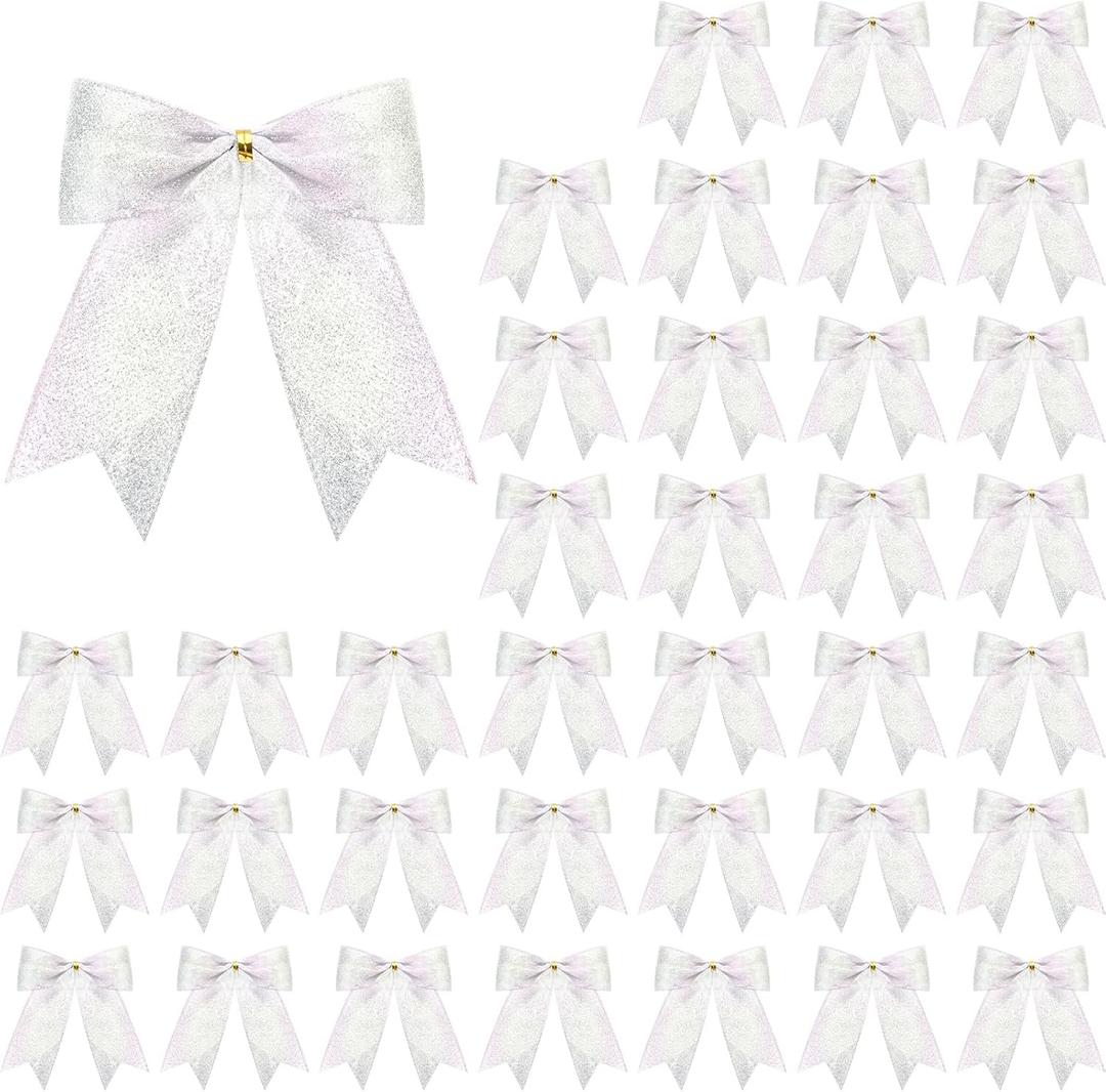 Sumind 36 Pieces White Christmas Tree Glitter Bows, 9 x 13 Inch Tie Ribbon Twist Tie Bows for Treat Bags Gift Wrapping Basket Wedding Birthday Valentine Christmas Tree Wreath Garland Decoration
