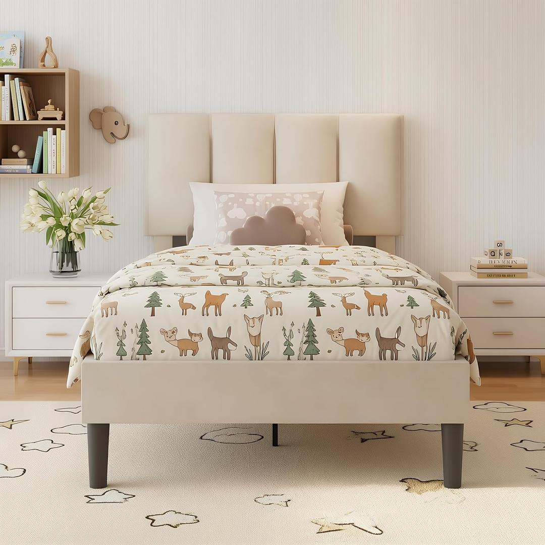 VECELO Twin Size Bed Frame with Upholstered Headboard, 2-Beige