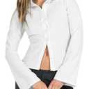 ECHOINE Women Button Down Shirts Long Sleeves Slim Fitted Casual Collared Blouses Work Striped Tops White M