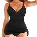 Popilush One Piece Swim Dress Tummy Control Swimsuits for Women Ruched Shapewear Split Bathing Suit (Small, Black)