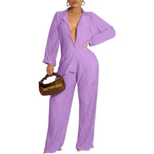 Ekaliy Women's 2 Piece Casual Pleated Outfits Short Sleeve Button Down Shirt High Waist Wide Leg Trouser Sets Suit (X-Large, 65purple)