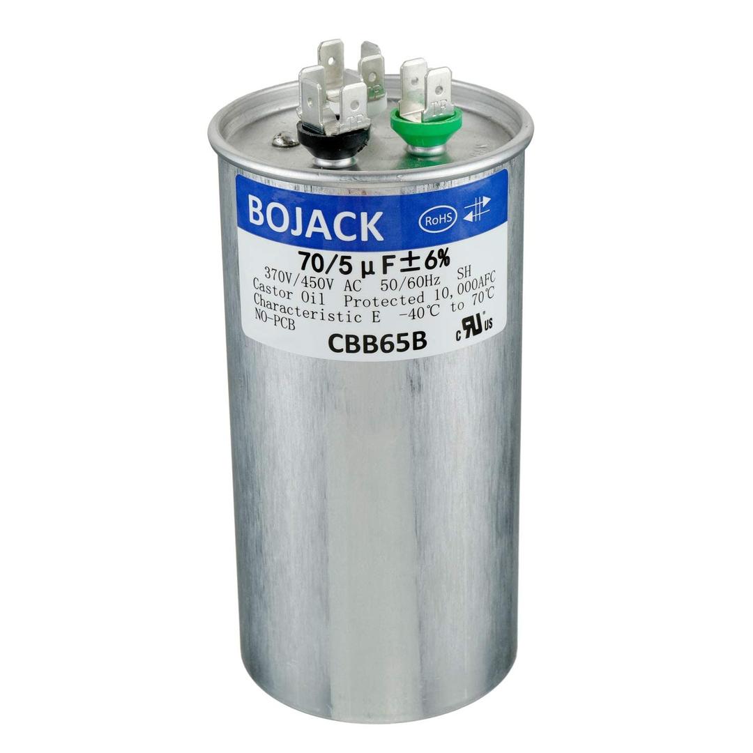 BOJACK 70+5uF 70/5MFD 6% 370V/440V CBB65 Dual Run Circular Start Capacitor for AC Motor Run or Fan Start or Condenser Straight Cool or Heat Pump air Conditioner