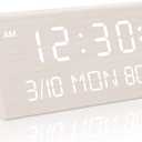 Kogonee Wooden Digital Alarm Clock, 0-100% Dimmer, 2 Alarm Settings, Weekday/Everyday Mode, 9 Mins Snooze, 12/24H, Temperature and Date Display for Office, Travel, Bedroom Alarm Clock (White)