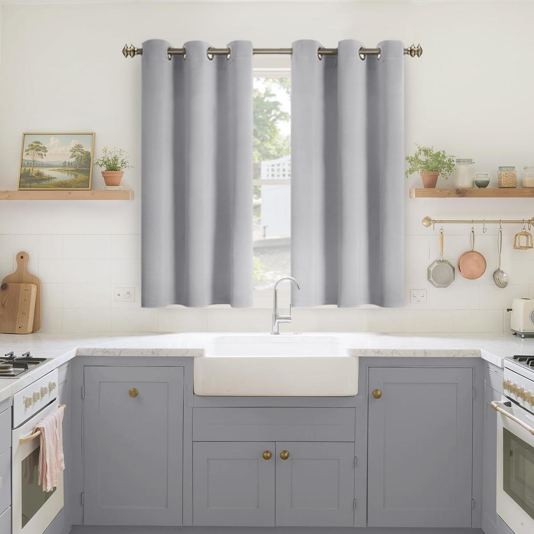 YoungsTex Light Grey Blackout Curtains 45 Inches Long for Kitchen Bedroom Window - Thermal Insulated Short Drapes with Grommet Darkening Privacy for Bathroom, 2 Panels, 42 x 45 Inch