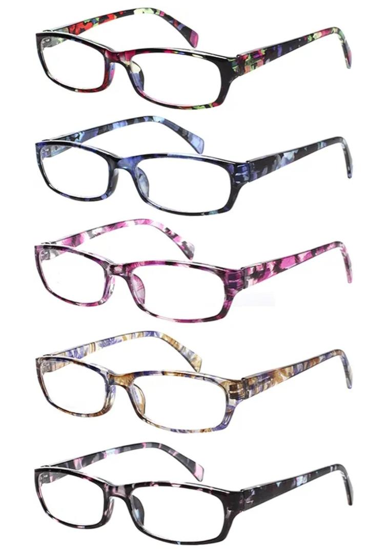 Kerecsen Reading Glasses 5 Pairs Fashion Ladies Readers Spring Hinge with Pattern Print Eyeglasses for Women (Mix Color -2, 2.25)