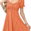 Missufe Women's Puff Short Sleeve Fit and Flare Casual Drawstring Floral Mini Sun Dresses 2025 Summer Vacation (S, Orange)