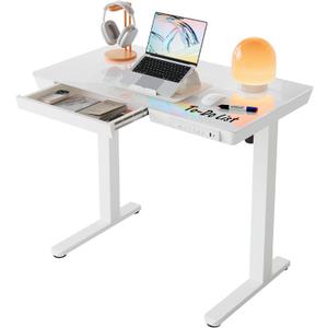 HUANUO Glass Standing Desk with Drawers, 35 X 20 Inch Electric Adjustable Height Desk, Quick Install One-Piece Tabletop with USB Charging Ports, White