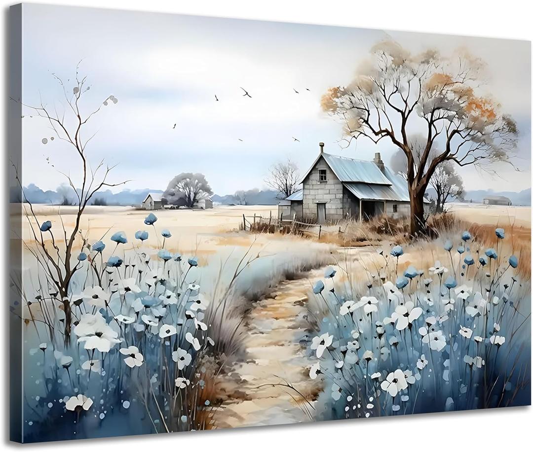 Framed Rustic Farmhouse Canvas Wall Art Beautiful Field Painting Wildflower Barn Print Nature Scenery Picture French Countryside Poster for Bathroom Bedroom Living Room Office Wall Decor 16x24in (24L" x 16W")