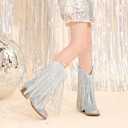 LAURMOSA Rhinestone Fringe Cowgirl Boots for Girls Mid Calf Pointed Toe Cowboy Boots for Toddler Little Big Kids Party Country Size 12 (Silver)