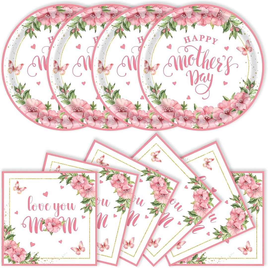 40pcs Mother's Day Paper Plates and Napkins Party Supplies, Disposable Mothers Day Party Plates and Napkins Flowers Theme Tableware Set for Birthday Mother's Day Decorations (Mothers Day)