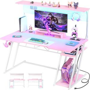 Armocity Pink Gaming Desk with Hutch and LED Lights, 53" Computer Desk with Storage Shelves, Reversible PC Gaming Desk with Pegboard, Gamer Desks for Bedroom, Carbon Fiber Surface