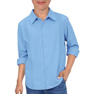 Haloumoning Boys Pleated Long Sleeve Dress Shirts Kids Button Down Collared Uniform Shirt (7-8 Years, Blue)