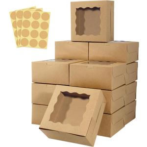 HawHawToys 60 pcs Bakery Boxes with Window, 6 x 6 x 3 inches, Kraft Cookie Boxes Pastry Boxes for Baked Goods (Brown)