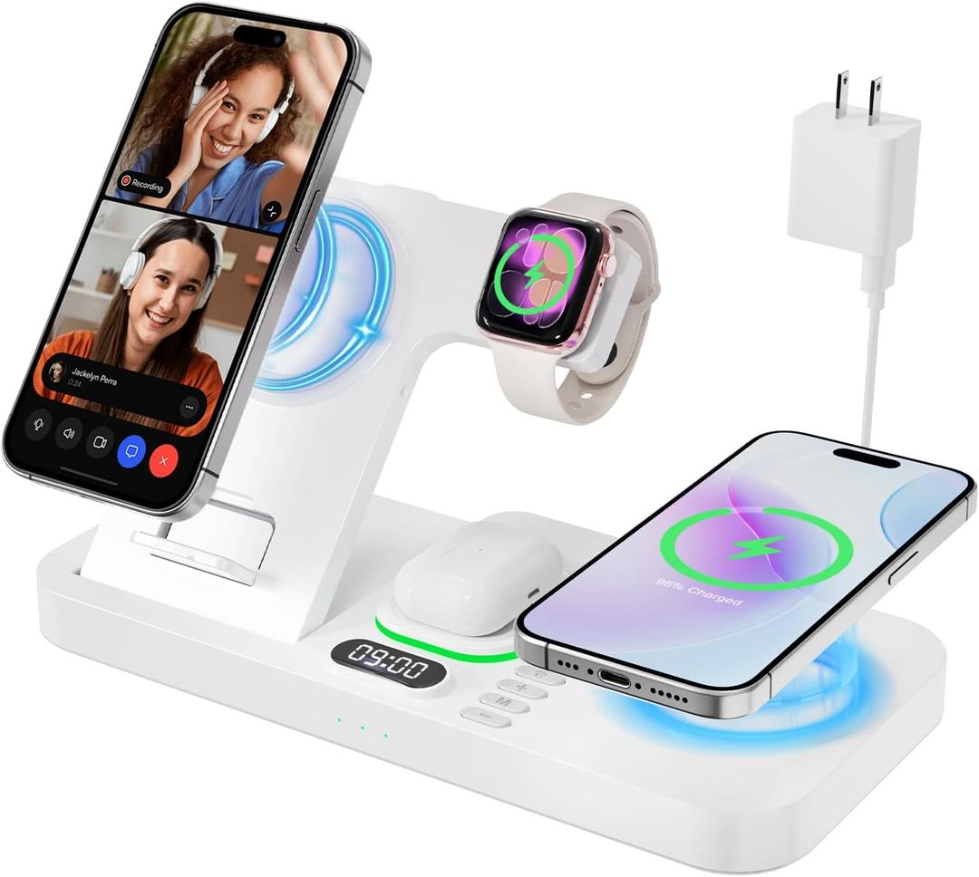 Dual Phone Magnetic Wireless Charging Station for Apple Devices/ Apple Ecosystem, with Auto-Switch 7-Color Light & Clock, Compatible with iPhone 17/ 16/ 15, for iWatch 11/ 10/ 9 & AirPods Pro3（White)
