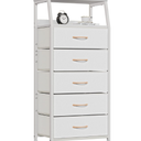 Furnulem White Dresser with 5 Drawers, Vertical Storage Tower Fabric Dresser for Bedroom, Hallway, Entryway, Nursery, Closet Organizer, Nightstand Bedside Table Furniture, Sturdy Steel Frame, Wood Top