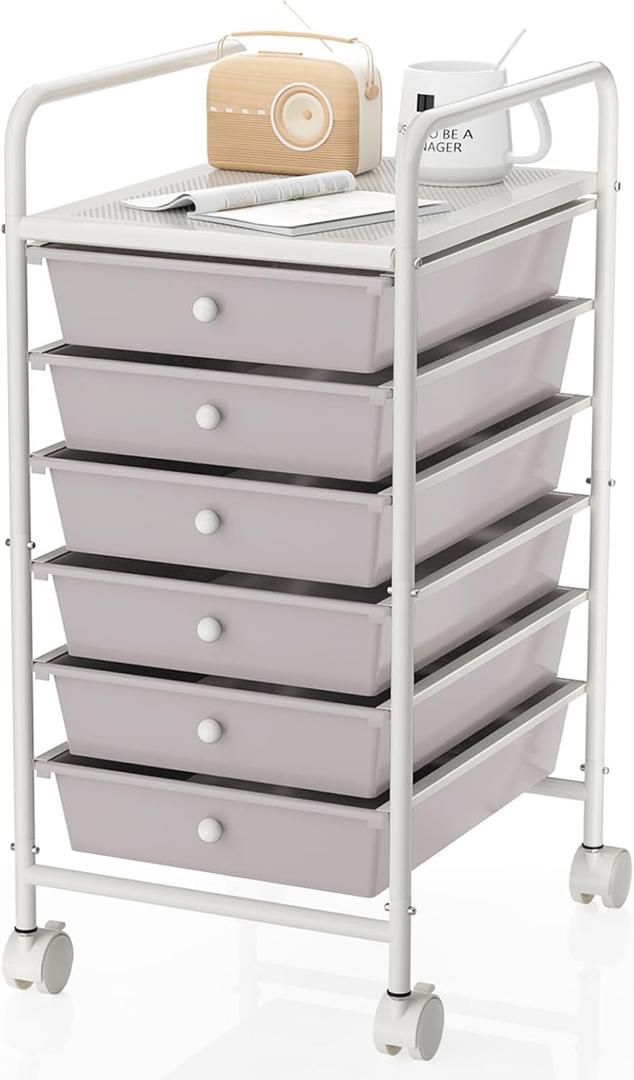 6-Tier Utility Cart with 6 Drawers, Rolling Utility Cart with 2 Lockable Caster Wheels, Multipurpose Mobile Rolling Drawer Cart for Office Bathroom Kitchen, Gray (Grey)