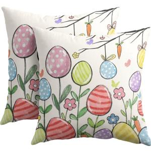 Kawani Happy Easter Pillow Covers 18x18 Inch Colorful Easter Egg Floral Print Outdoor Throw Pillow Covers Set of 2 Rustic Holiday Pillowcases Square Cushion Covers for Couch Home Decor