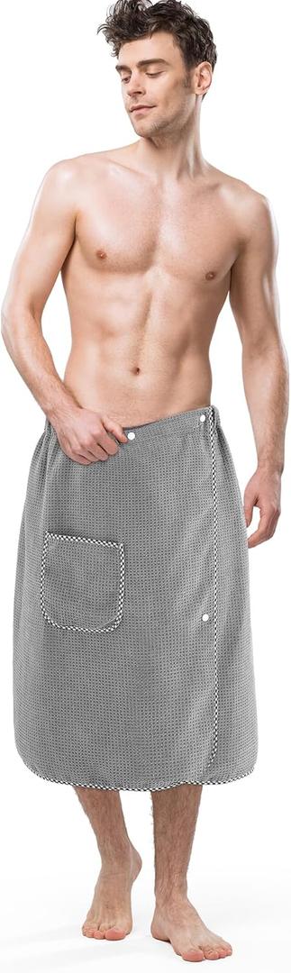 Bath Wrap Towel Quick Drying for Men Adjustable Sauna Towels with Pocket After Shower Wrap for Men Gift, Gym, Spa, Sauna, 65 x 25 Inches(Grey,Waffle)