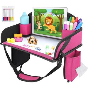Kids Travel Tray for Airplane - Toddler Car Seat Table Tray, Road Trip Essentials for Boys & Girls, Carseat Lap Desk for Kids Road Trip Activities (Pink)