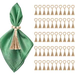 50 Pack Farmhouse Rustic Napkin Rings with Tassel Wood Bead Rings for Table Decor Boho Wedding Party Dining Spring Banquet